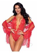Floral Lace Teddy Thong Robe Tie Sm Red